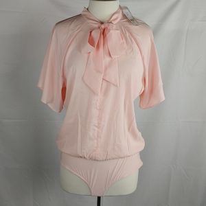 New York & Company Bodysuit Blouse Women Large Pink Tie Career Academia Feminine